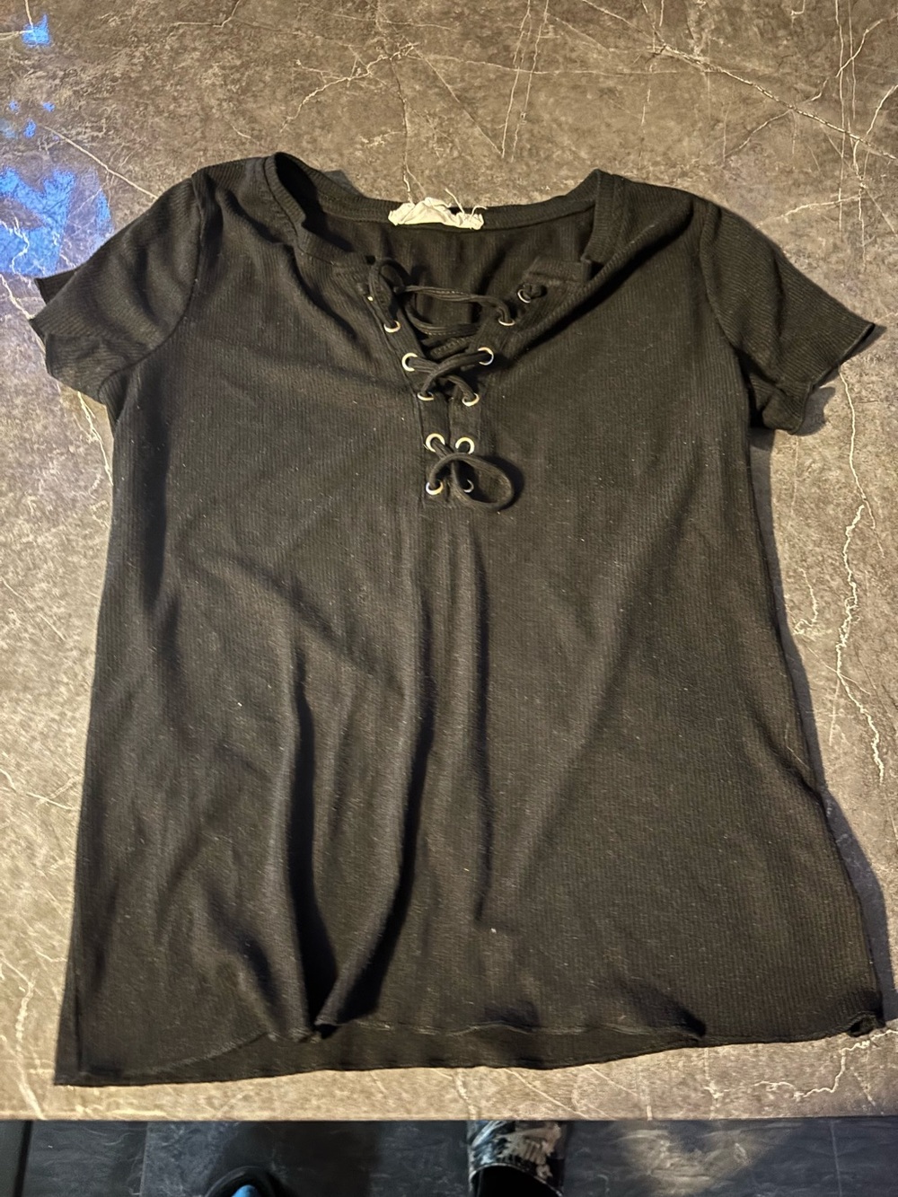 Hippie Rose Black Short Sleeve Lace-Up Ribbed Top